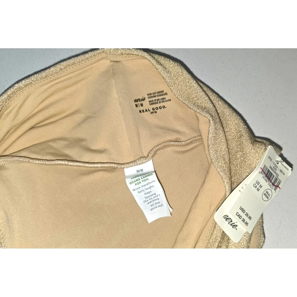 Aerie High Cut Cheeky Swim Bathing Suit Bottom Size Medium M NEW $29.95 Gold